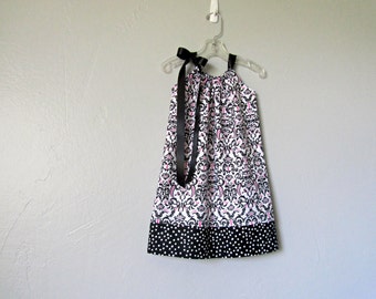 Girls Black Pillowcase Dress - Black and White with Pink - Toddler Girls Sun Dress - Sizes 12m, 18m, 2T, 3T, 4T, 5, 6, 8 or 10