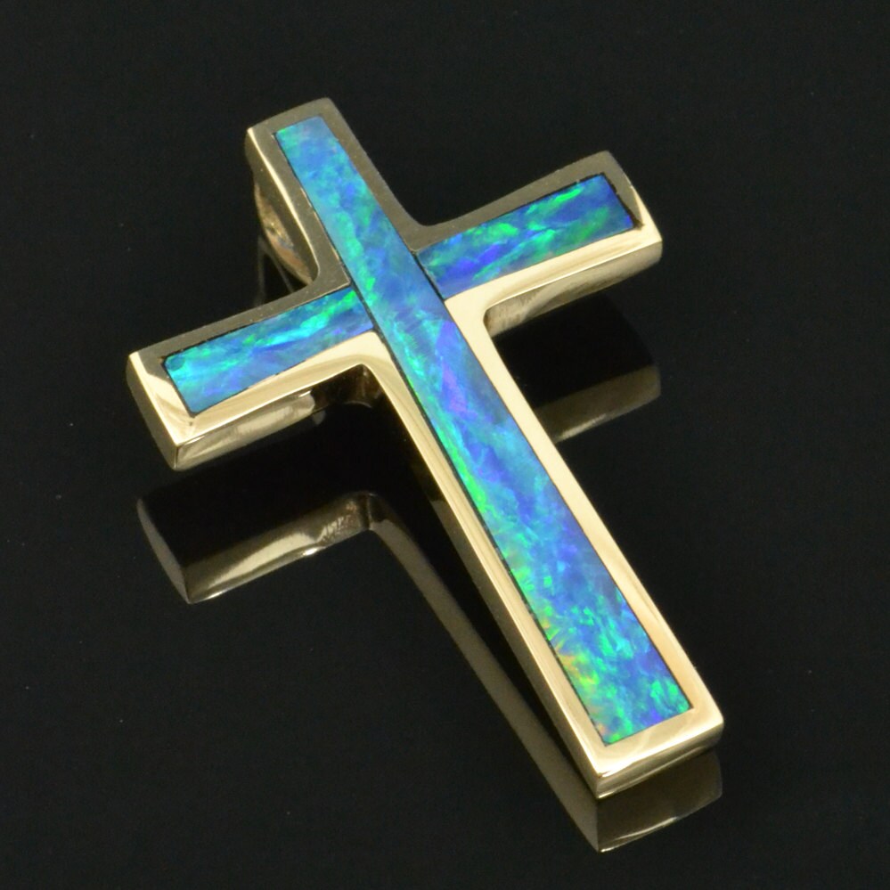 Australian opal cross pendant in 14 karat gold by HilemanJewelry