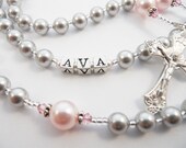 Gray and Pink Personalized Rosary - Baptism, First Communion, Confirmation Swarovski Crystals