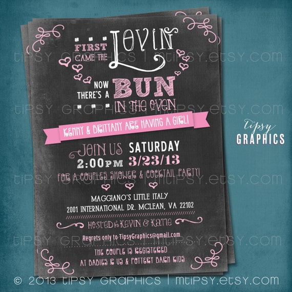 First Came the Lovin. Chalkboard Bun in the Oven Baby Shower Invite by Tipsy Graphics. Any colors Il_570xn