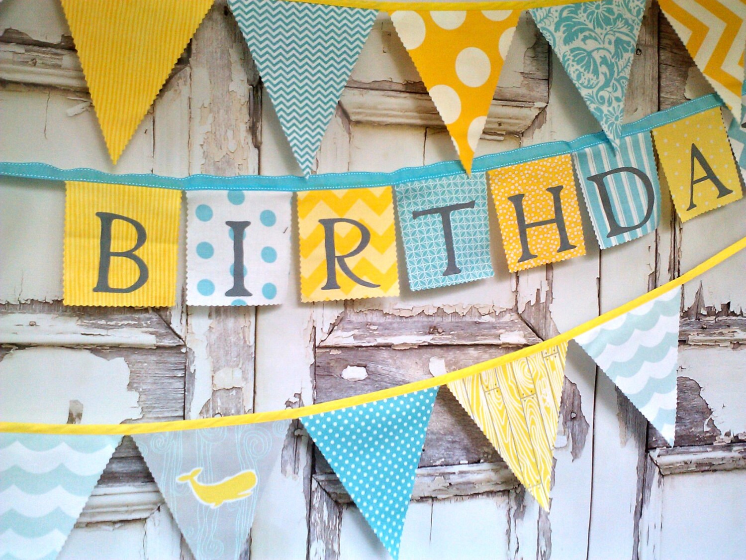 Happy Birthday Banner Yellow Aqua and Gray Chevron Dots Modern