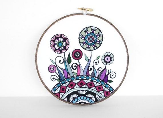 Embroidery Hoop Art, Abstract Flowers and Swirls Inspired by Mehndi in Warm Colors. Flower Garden 7 inch Hoop Wall Art by SometimesISwirl