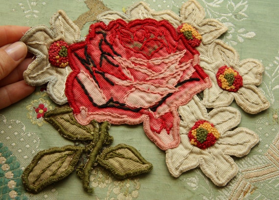 1 large antique Edwardian rose handmade applique large dress trim metal lace back gorgeous shade