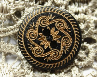 Black Wood Buttons - Vintage Scrollwork Pattern Wooden Buttons, 0.79 inch. 10 in a set