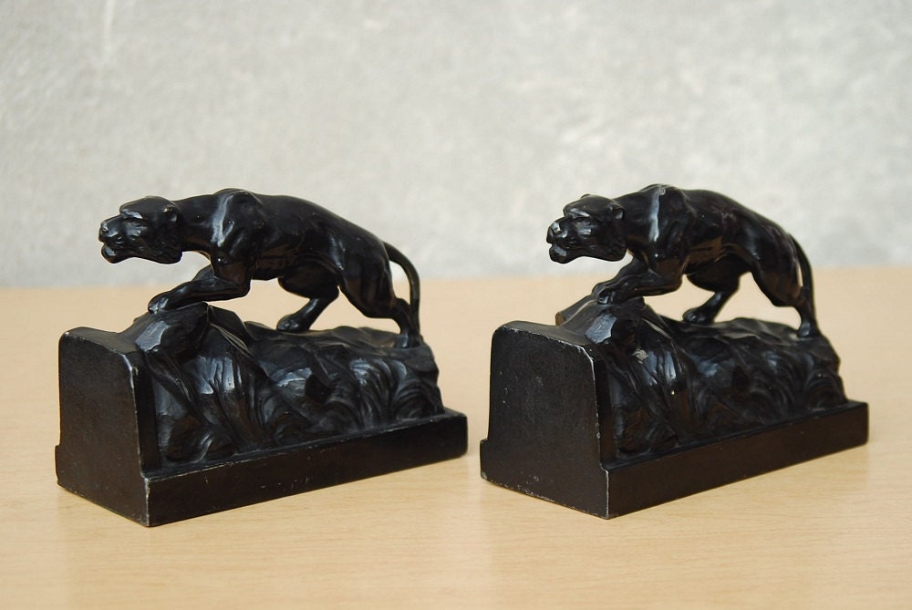 Deco Black Heavy Cast Panther Antique Bookends