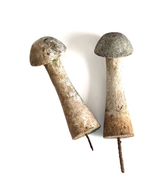 Vintage Pair Cement Concrete Mushrooms Garden Lawn Statue