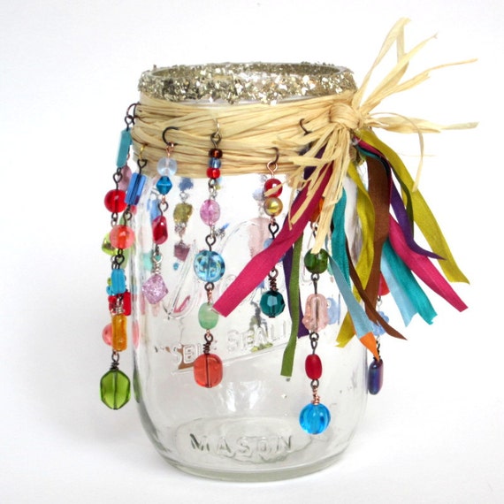 Mason Jar Luminary Beaded Candle Luminary Bohemian Hippie Candle Holder