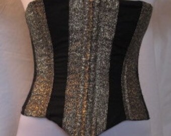 Bust 37" Waist 30" Black and Gold Brocade Corset - metal bones - plastic lacing tape - clearance