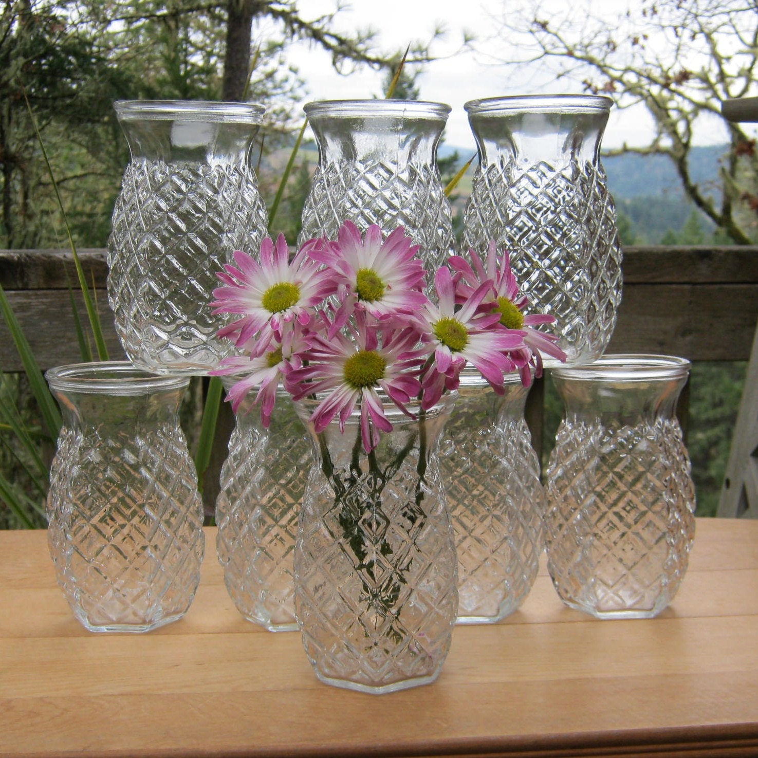 8 Piece Clear Matching Vase Set Diamond Pattern Wedding