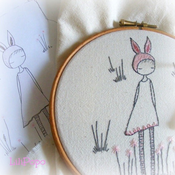 spring bunny girl hand embroidery pattern pdf
