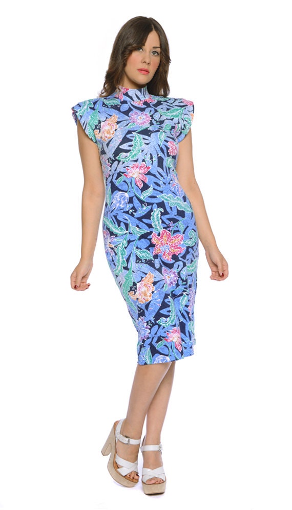 Floral Bodycon Dress 80s Hawaiian Sheath Open Back Batik