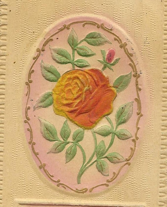 Orange Rose on vintage bas relief Birthday Postcard flocked Rose Gottschalk Dreyfuss & Davis Seattle RPO cancel 1913