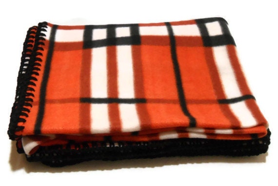 Black and Orange Plaid Fleece Throw Blanket with Black Crochet