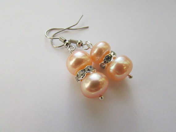 AA Potato Natural Peach Fresh Water Pearl with Crystal Silver Rhinestone Silver Dangle Earrings