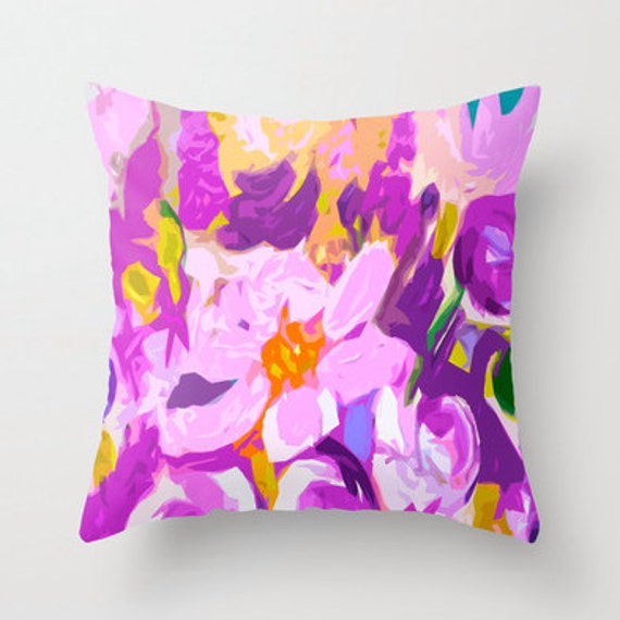 Colorful Painted Floral Print Pillow Cover. Choose Pretty