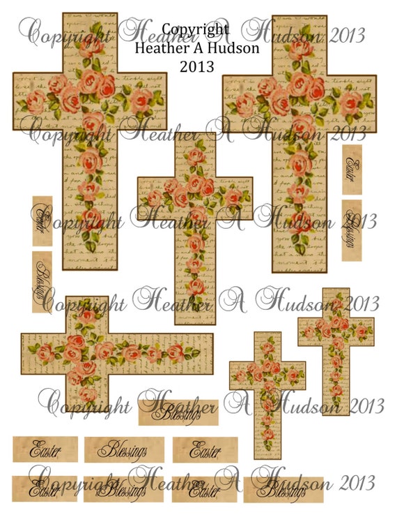 Shabby Vintage chic Victorian Easter Cross Digital Collage sheet