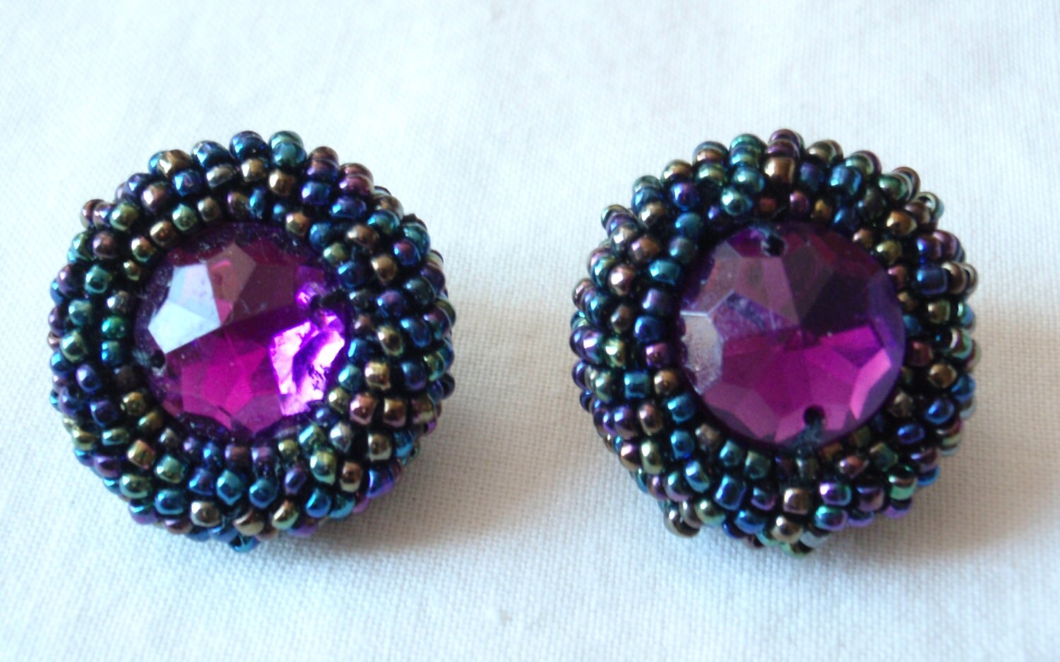 Vintage Purple Beaded Clip On Earrings