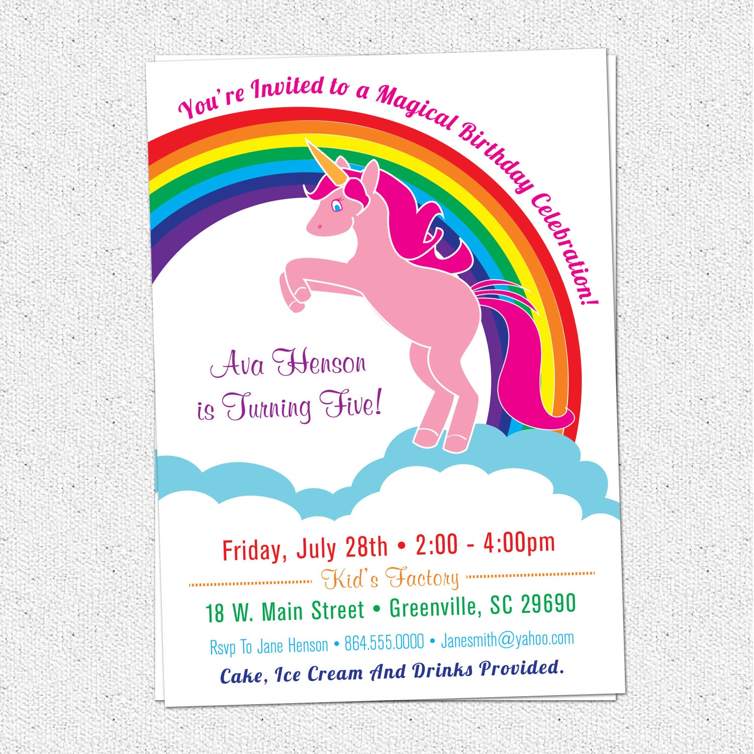 printable unicorn birthday party invitation rainbow pink