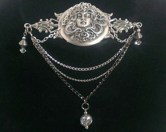 Art Nouveau Medusa brooch, Mucha jewellery, Art Nouveau pin, Victorian jewellery, goddess, Victorian pin