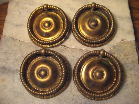 4 Antique Round Brass Drop Ring Style Drawer Pulls 2 1/2