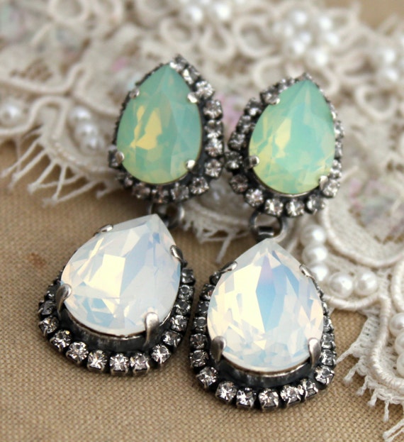 Mint and white Opal Chandelier earring statement Crystal