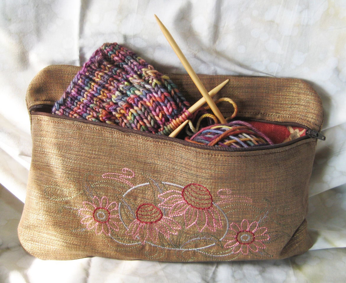 Knitting Project bag with Coneflower embroidery