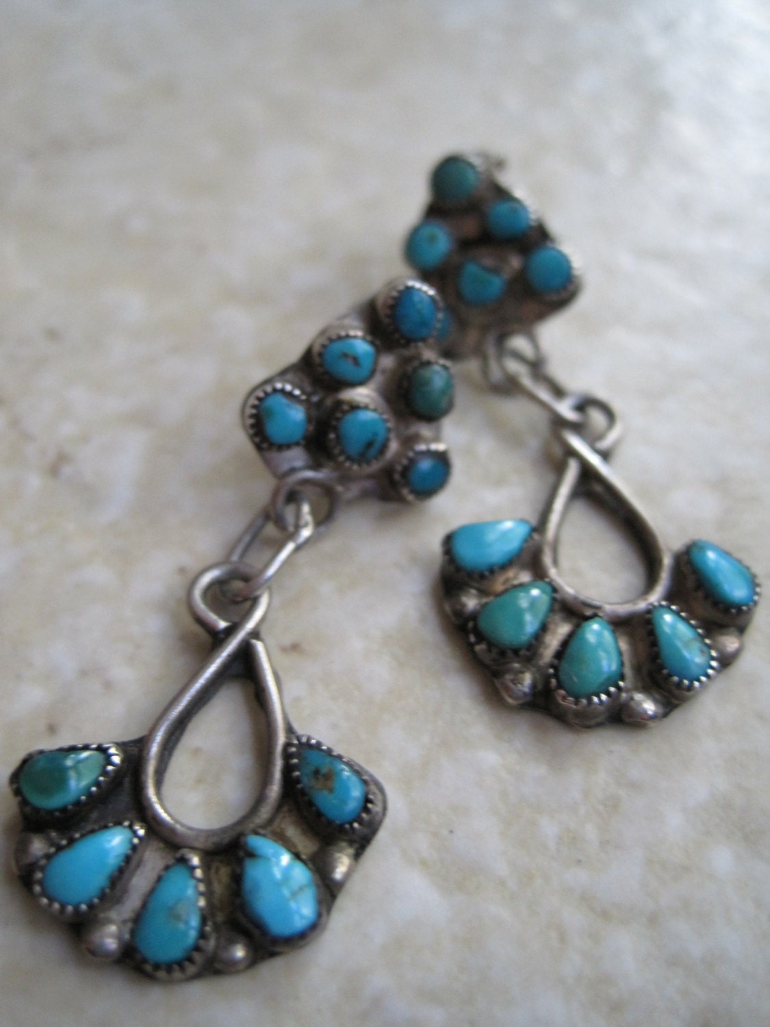 Vintage Zuni Earrings Turquoise And Sterling Silver Petit