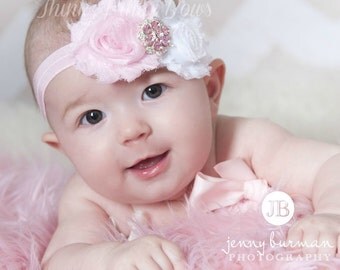 Pink and White headband, baby flower headband, headband, shabby chic roses headband,pink headband