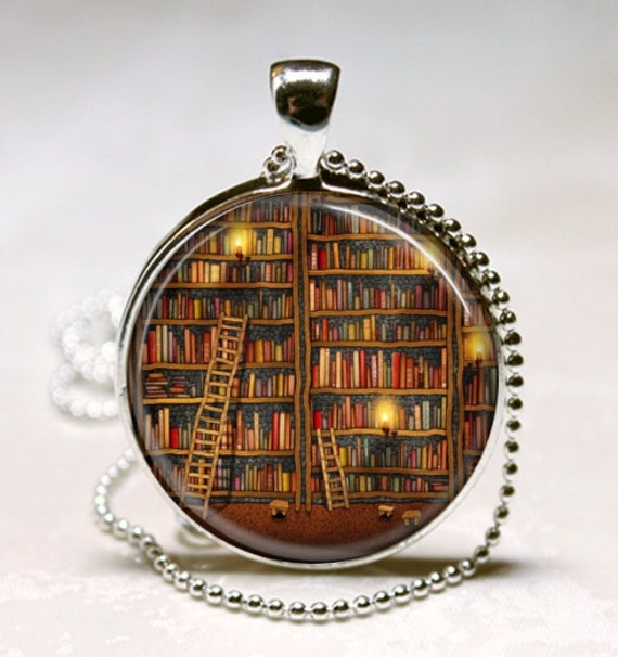 Library Book Necklace Glass Dome Art Pendant with Ball Chain Included Librarians, Writers, Bibliophiles, Book Worms, Teachers, Reading