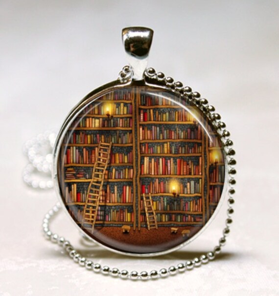 Library Book Necklace Glass Dome Art Pendant with Ball Chain Included Librarians, Writers, Bibliophiles, Book Worms, Teachers, Reading