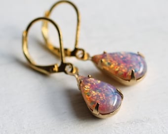 Pink Opal Earrings... Vintage Glass Fire Stone Teardrop