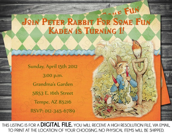 Peter Rabbit Boy Birthday Invitation - Green, Orange, Argyle, Printable, Digital Il_570xn