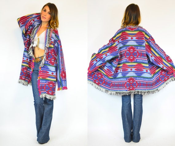 ethnic NAVAJO knit FRINGED soft indian blanket JACKET coat
