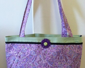 Fun and Playful Purple Floral and green Interior Tote Bag / Purse. With Pockets, very sturdy. Handmade and One of a Kind.