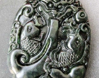 Natural Stone Twin Fishes Dragon Amulet Pendant 46mm x 34mm TH085