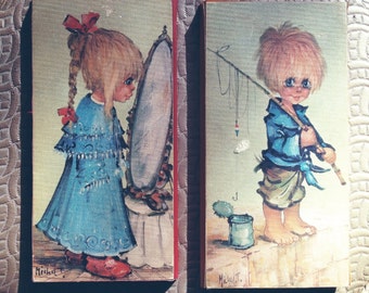 Big Eyed boy and girl wall art, 1960's Michel T. artwork