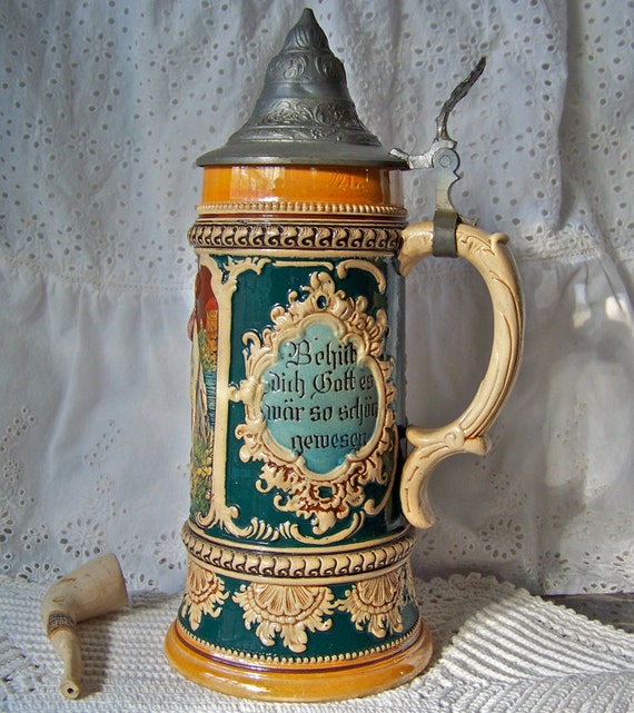 Vintage Beer Stein Pewter Lid Germany