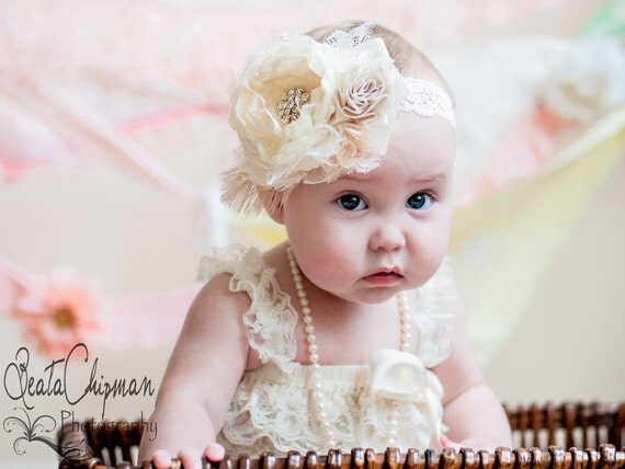 48 New baby headbands couture 177 All Cream Couture Baby Headband, Baby Flower Headband, Children, Photo   