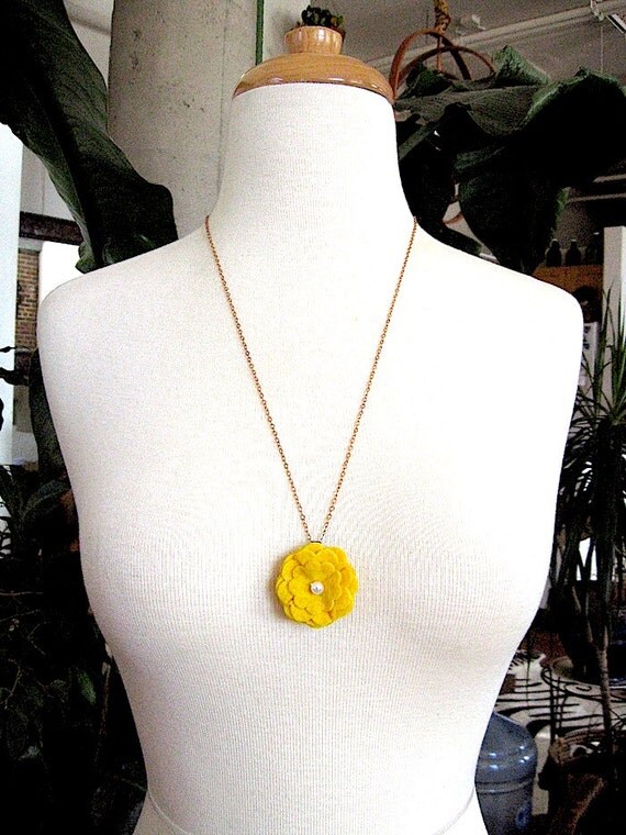 Mustard Yellow Flower Necklace Felted Fleece by LaToucheDesigns