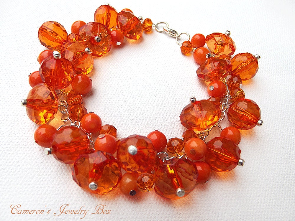 Orange Beaded Bracelet Bridesmaids Jewelry Chunky Cluster