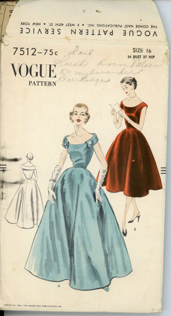 1950s Formal Evening Dress Pattern Vogue 7512 Bust 34 Womens Vintage Sewing Pattern Sleeveless with Standaway Collar