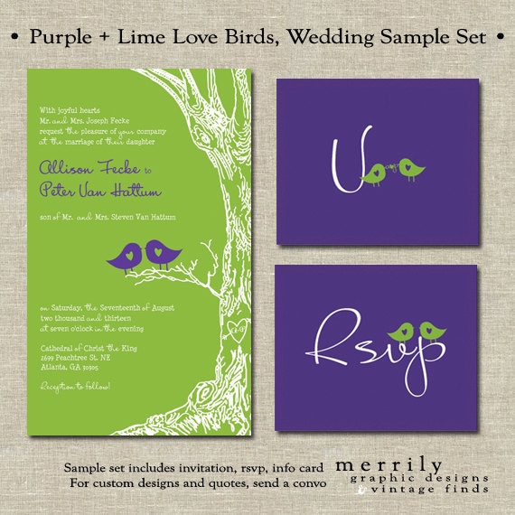 Purple and Lime Love Birds Wedding Invitation with Hand Drawn Tree and initials in the Heart - Sample Set