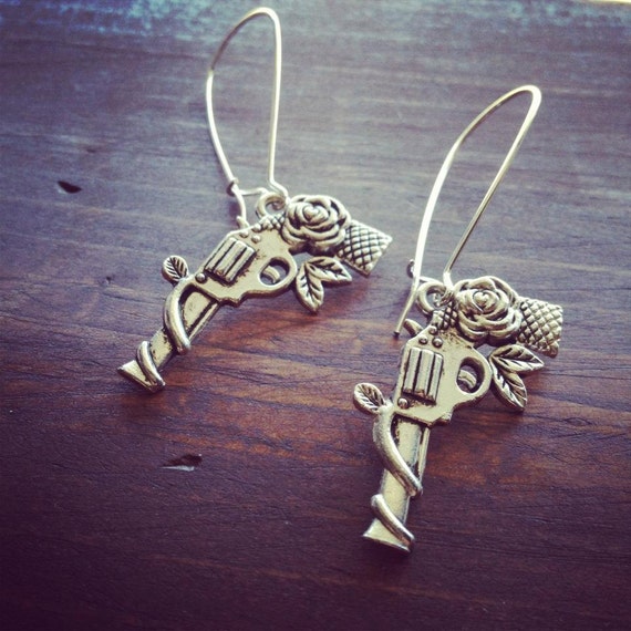 Guns and Roses Silver Rose Pistol Earrings