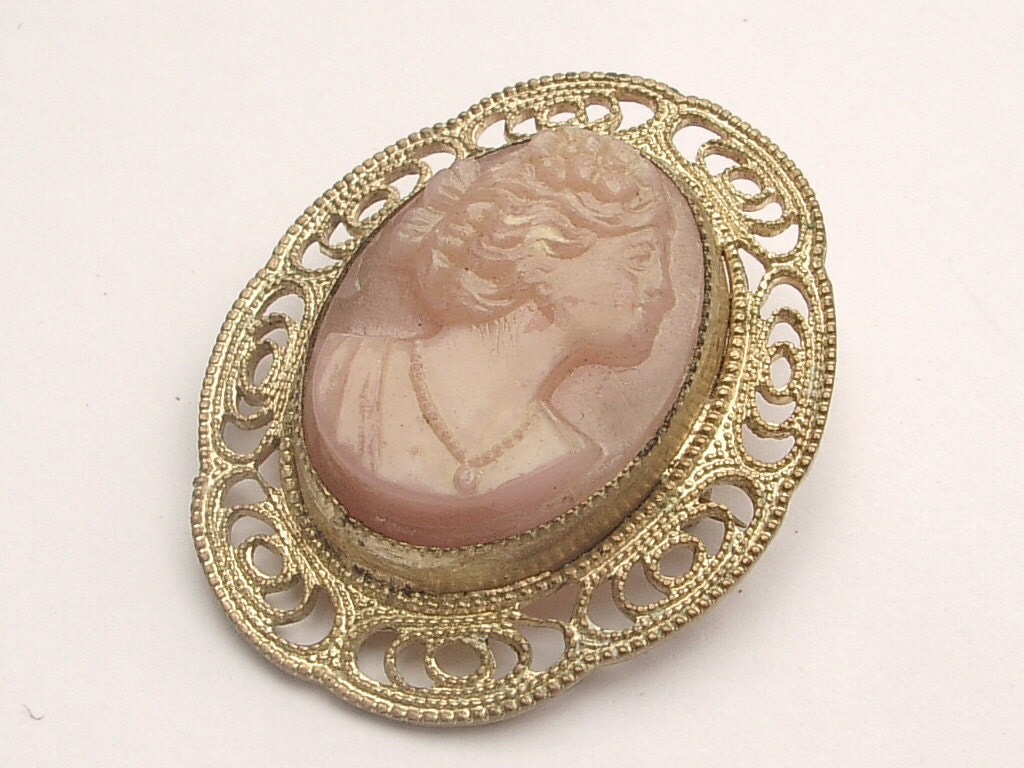 Antique jewelry pink glass cameo brooch pin gold by ShoponSherman