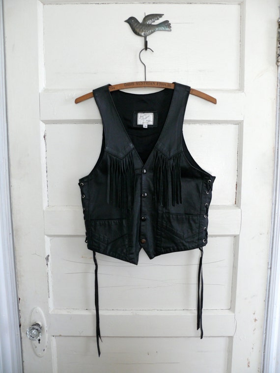 Vintage 70s Black Leather Vest Womens Small Biker Vest Lace