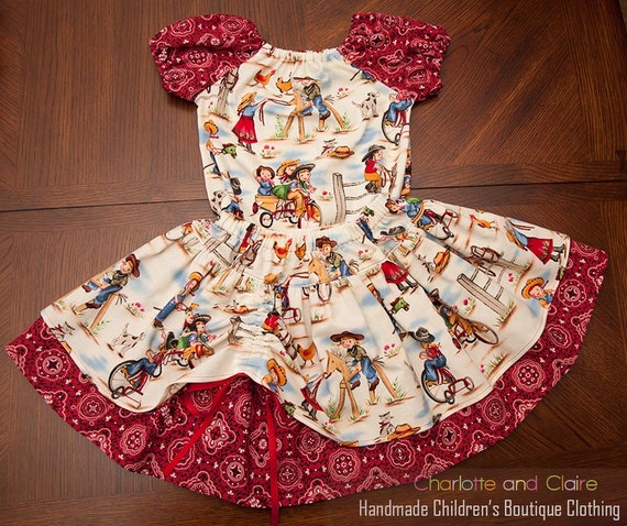 Cowgirl outfit-Western Outfit- Twirl Skirt and Peasant Top- Custom Made- 6 months, 12 months, 2T, 3T, 4T, 5