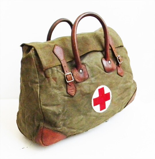 Large Antique WWII Canvas and Leather Medic Bag 1944