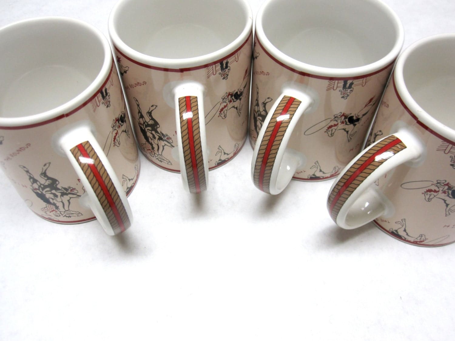 Cowboy Coffee Mugs Cups Set of 4 Black Tan Red White