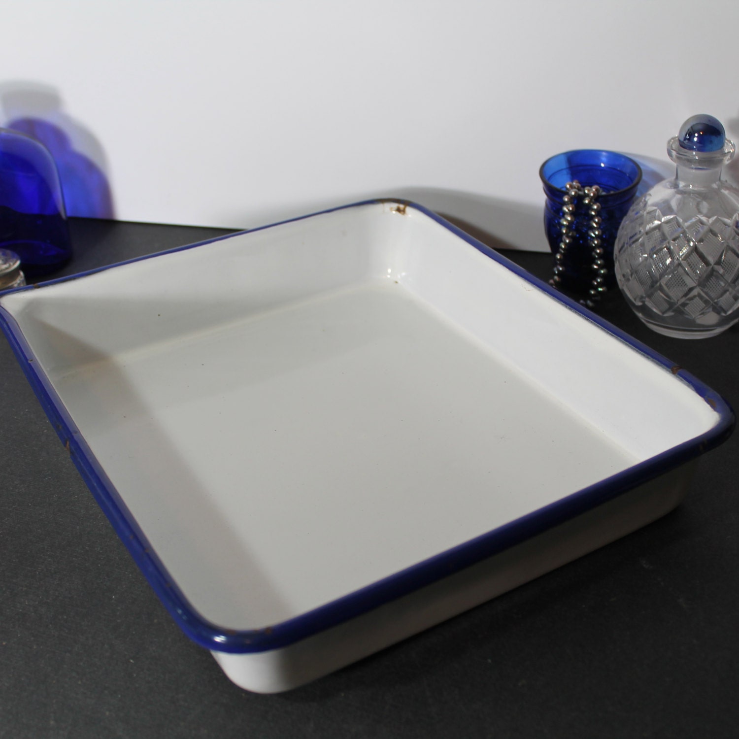 Vintage Enamel Tray with Cobalt Trim by Cesco