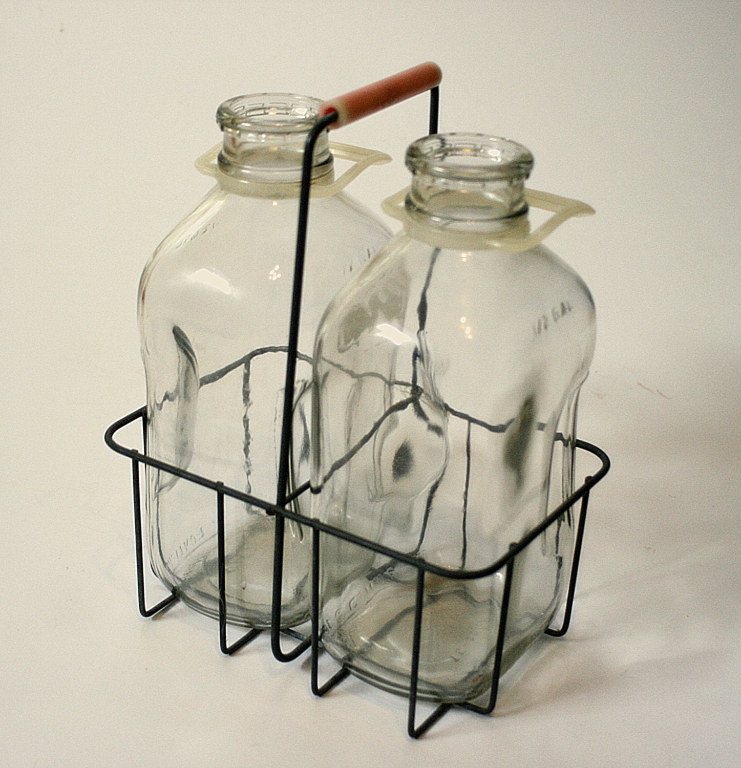 Vintage Milk Bottles and Carrier with Bakelite Handle